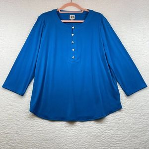 Anne Klein Womens Blouse XL Blue Buttons Long Sleeve Lighweight Relaxed Stretch